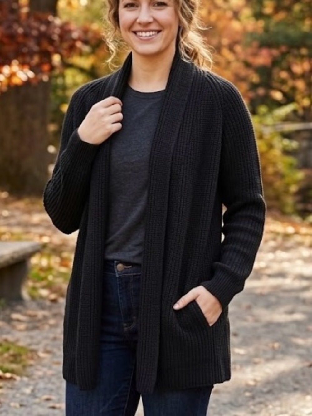 L.L. Bean Black Ribbed Shawl Collar Open Cardigan - M PET Quite Luxury Cotton